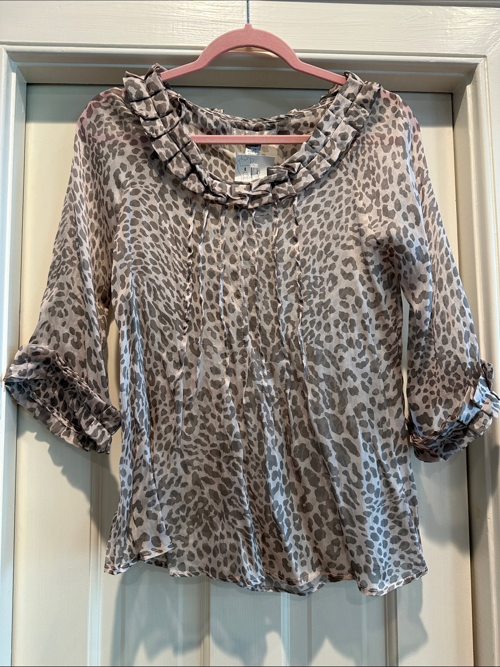 Womens Taupe Leopard Print Ruffle Neck Blouse